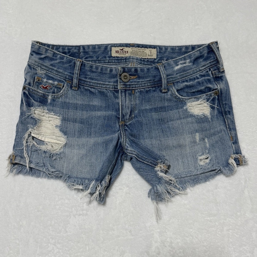 Hollister Size 1 Womens Jeans Booty Shorts Distress Denim Blue Rodeo Concert